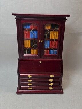 1:12 Doll House Mahogany Bookcase Cabinet With Books Working Doors Drawers